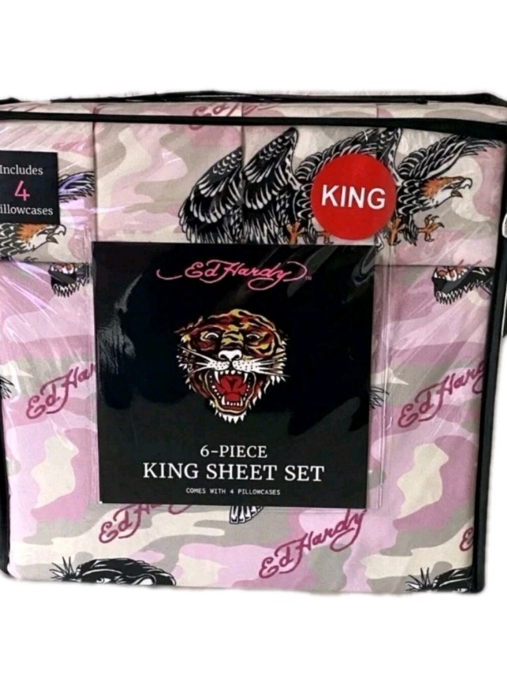 NWT Ed Hardy KING Size Sheet Set Pink Grey Camo Eagle Tiger Logo 6 Piece Set